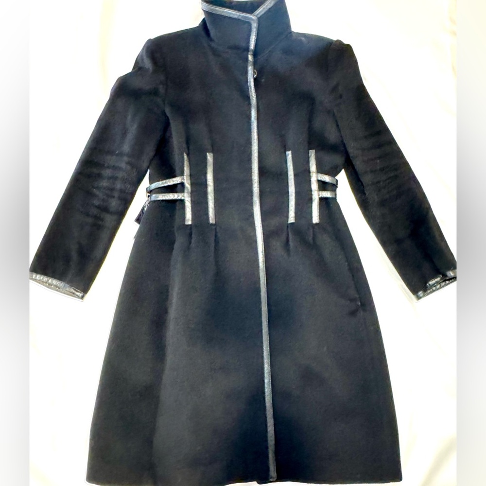 MaxMara SportMax Black Virgin Wool Coat With Leather Style Accent, Size 10